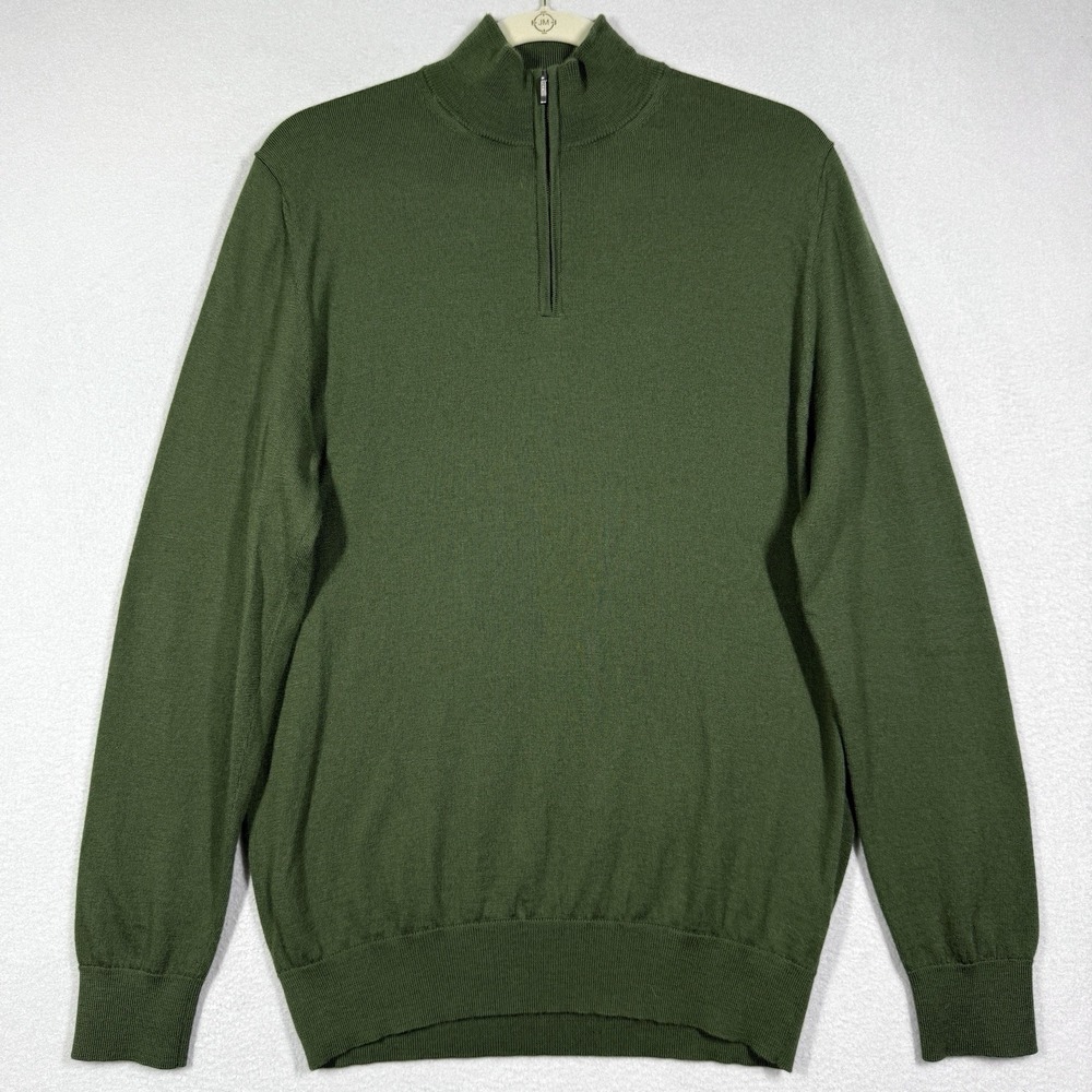 Charles Tyrwhitt Sweater Men Medium Green 100% Merino Wool Quarter Zip Mock Neck